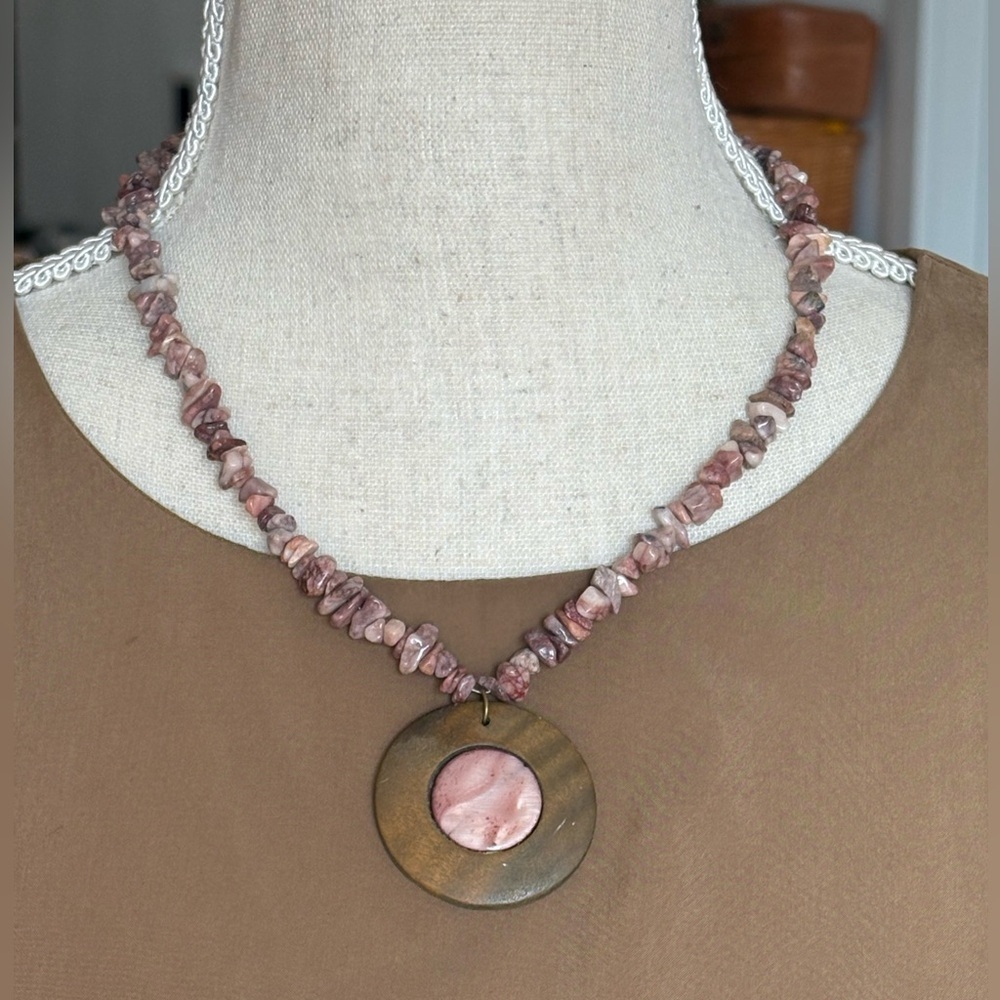 One Of A Kind Handmade Pink White Puka Shell Chip Bead Wood Necklace Made By Me! - Picture 10 of 12